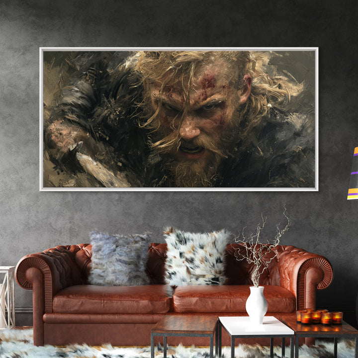 Fierce Viking Berserker Close Up Canvas Print, Nordic Warrior Portrait Wall Art, Dark Medieval Decor For Masculine Office