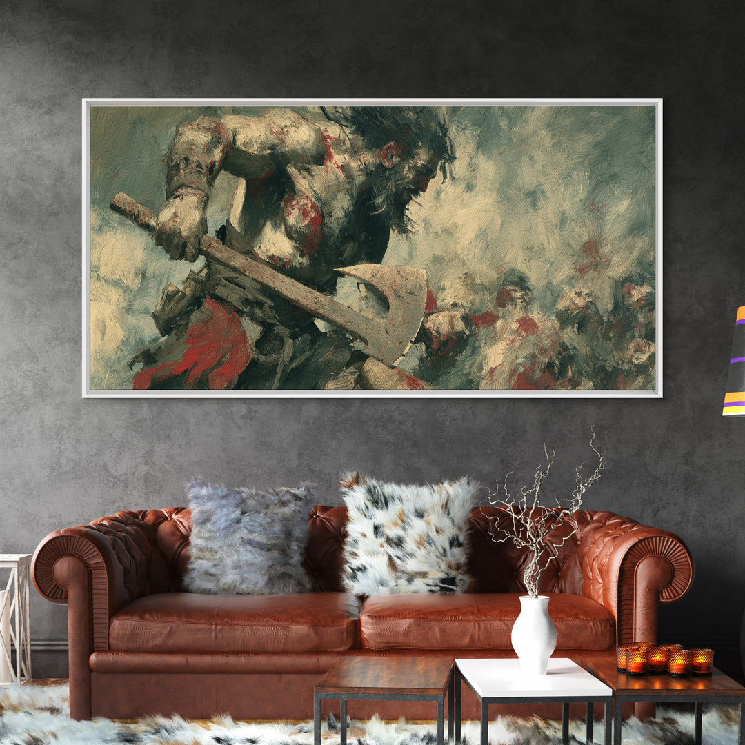 Bloodied Axe Warrior In Chaotic Battle Wall Art, Viking Fantasy Painting, Dark Medieval Canvas Decor For Man Cave Gift For Him