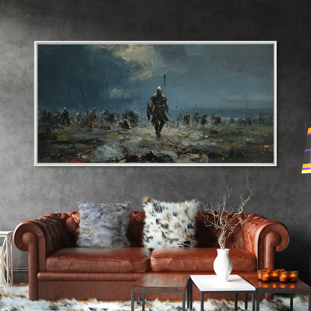 Warrior Leading Army Through Rain Canvas Print Dark Battlefield Wall Art, Epic Historical Decor For Masculine Home Office
