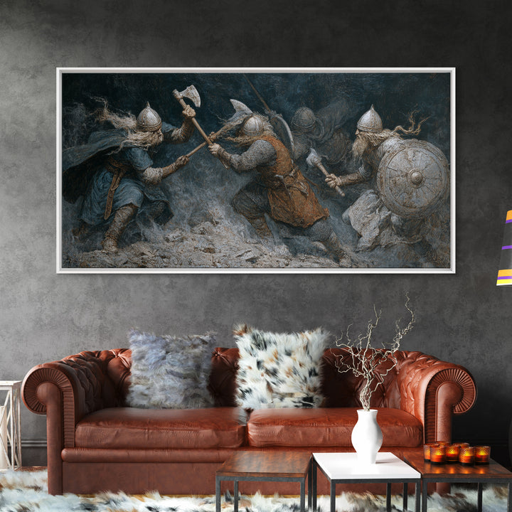 Medieval Warriors In Snowy Clash Framed Canvas Print, Viking Battle Wall Art, Dark Fantasy Man Cave Home Decor, Gift For Him