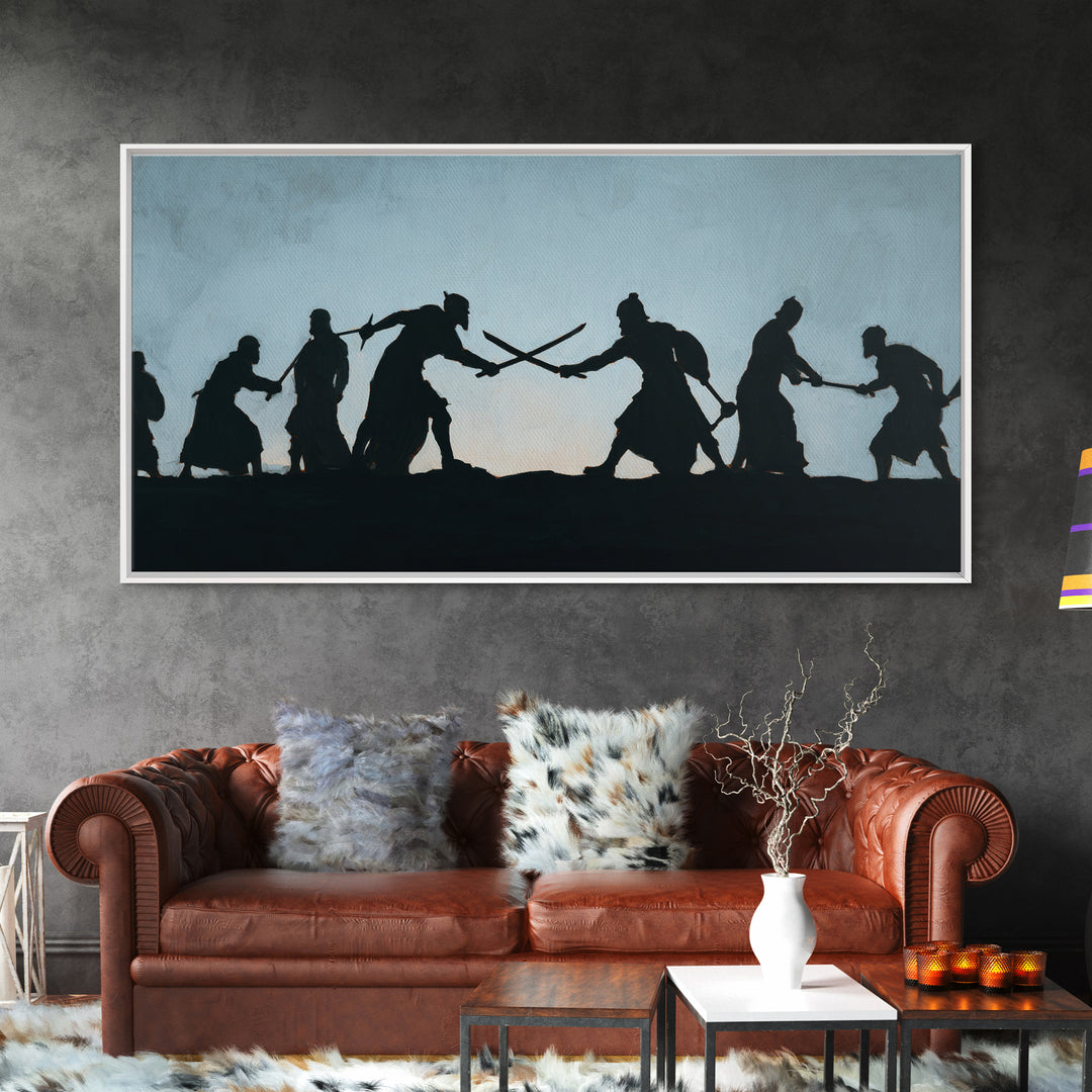 Silhouetted Sword Fighters Wall Art, Minimalist Warrior Battle Print, Black And White Decor, Fantasy Office Art Gift For Him