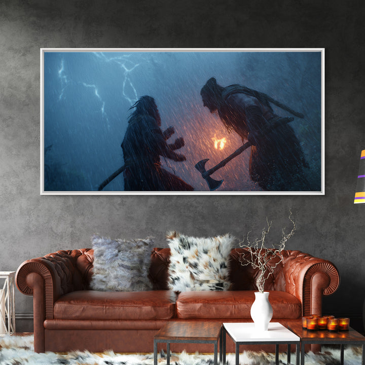 Two Viking Warriors In Lightning Storm Canvas Print, Dark Fantasy Wall Art, Norse Mythology Decor, Dramatic Battle Poster