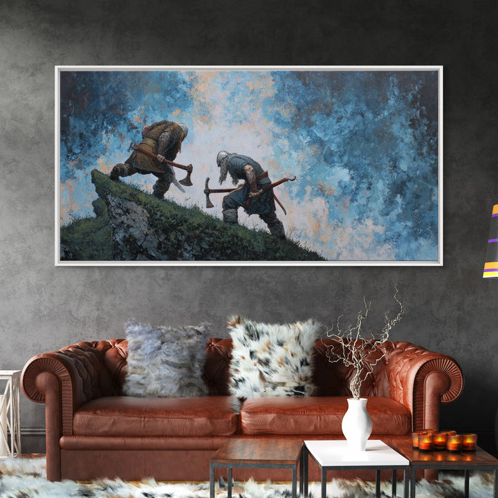 Two Axe Warriors Climbing Stormy Ridge Framed Canvas Print, Viking Battle Wall Art, Dark Fantasy Office Decor Gift, Medieval Art Print
