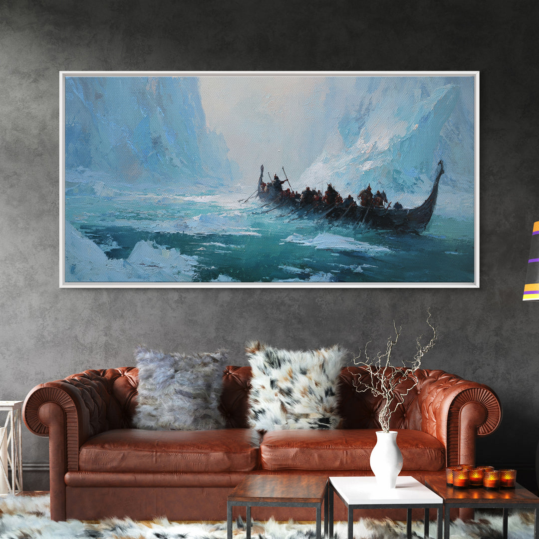 Icy Viking Longship On Turquoise Fjord Canvas Print, Nordic Seascape Wall Decor, Coastal Adventure Art, Gift For Him, Home Decor