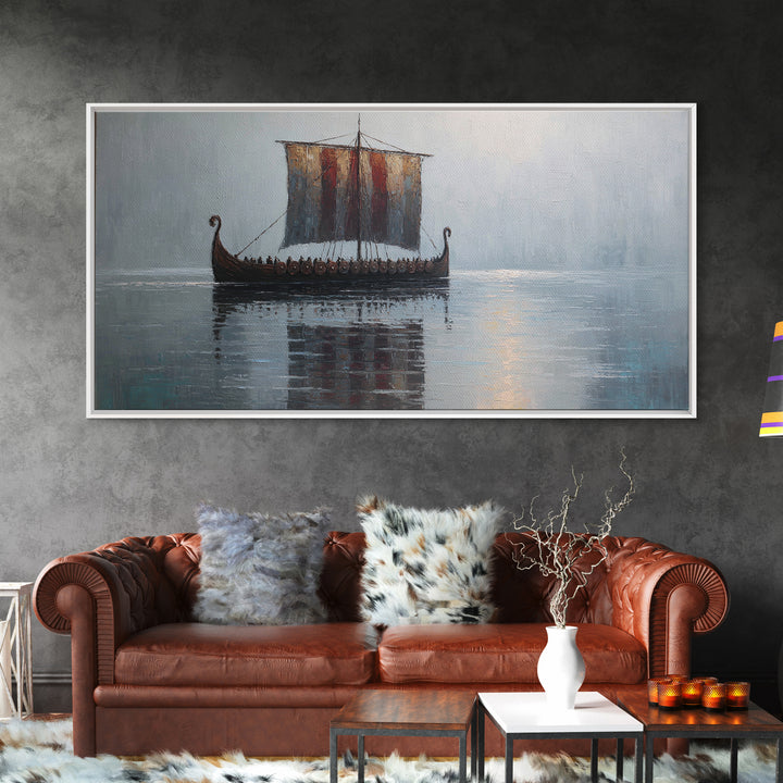 Viking Longship In Misty Water Canvas Print, Nautical Wall Art, Norse Seascape Painting, Coastal Decor For Living Room Art