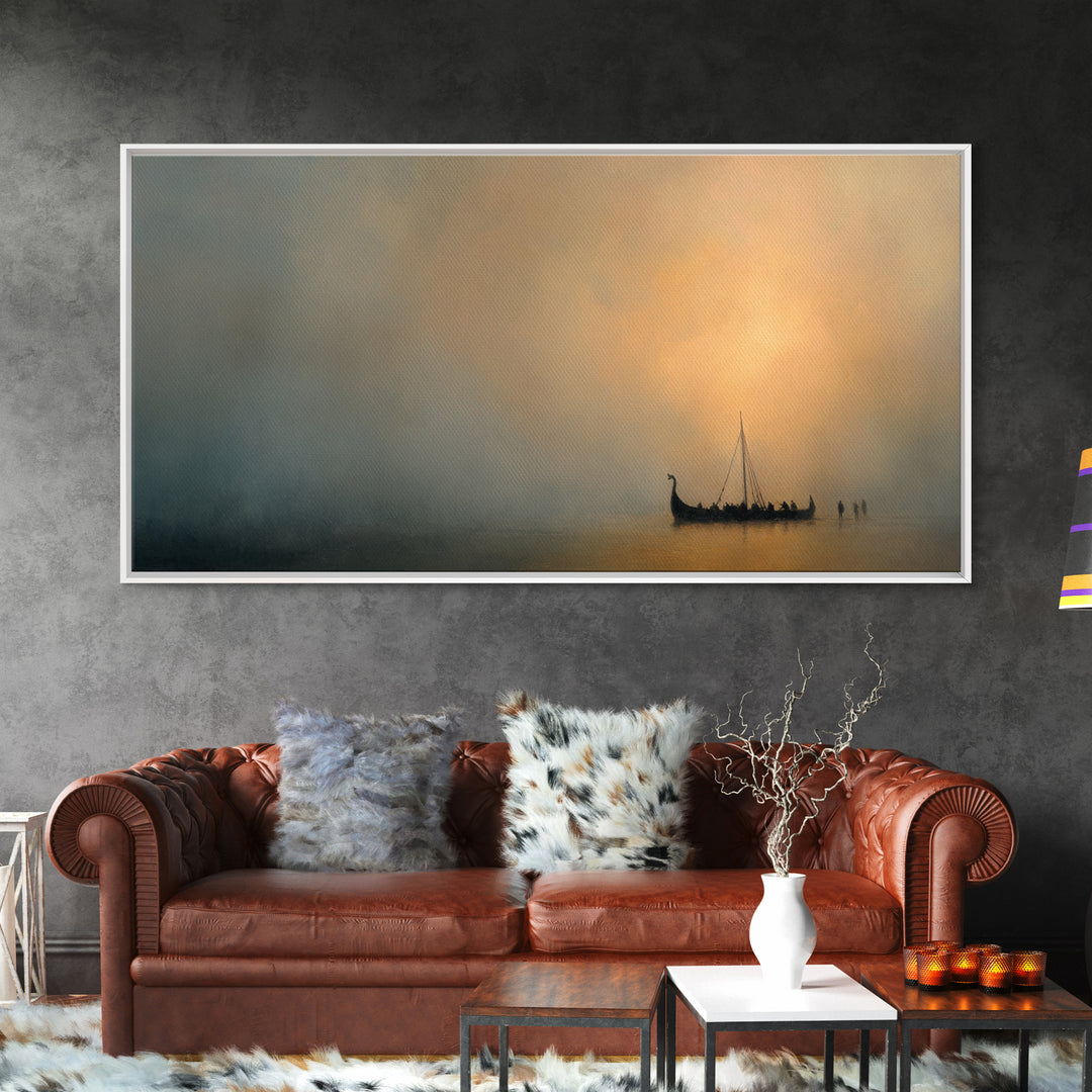 Misty Viking Ship At Golden Fog Canvas Print, Nordic Seascape Wall Decor, Minimalist Coastal Art, Calming Home Decor, Above Sofa Art