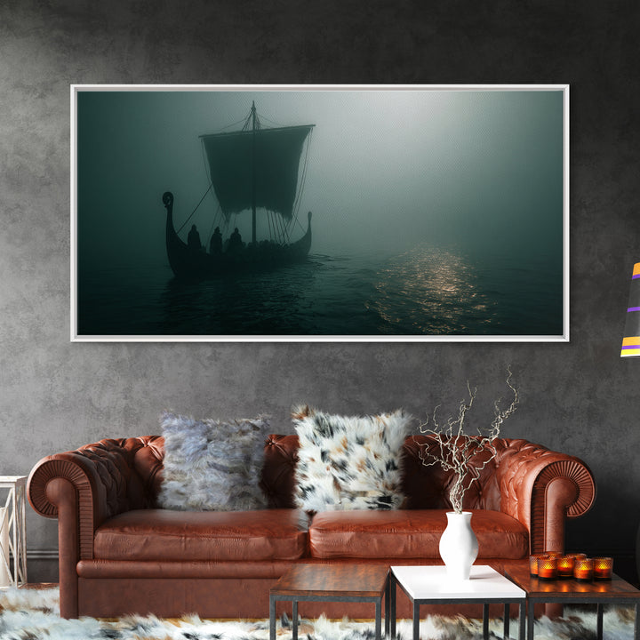 Foggy Viking Longship On Silent Water Wall Art, Nautical Art, Moody Wall Art, Scandinavian Decor, Living Room Decor, Office Decor