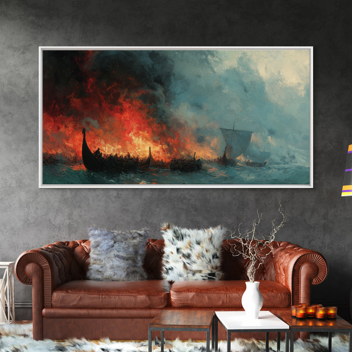 Burning Viking Ships At Stormy Sea Wall Art, Dramatic Norse Seascape Canvas Decor, Historical Ocean Art For Man Cave Decor