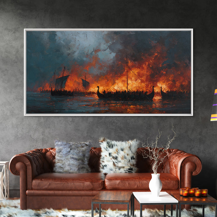 Burning Viking Longships At Sea Wall Art, Dramatic Fantasy Art, Moody Seascape, Historical Battle, Living Room Decor, Office Decor