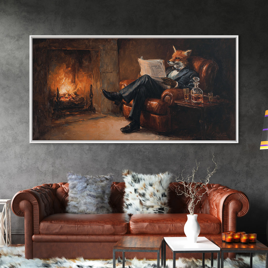 Fox Gentleman Reading By Fireside Canvas Print, Cozy Library Wall Art, Whimsical Animal Decor, Dark Academia Gift For Him