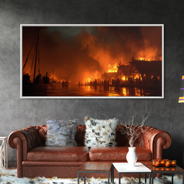Burning Viking Village At Night Canvas Print, Fiery Harbor Wall Art, Norse Fantasy Decor, Dramatic Medieval Landscape Poster