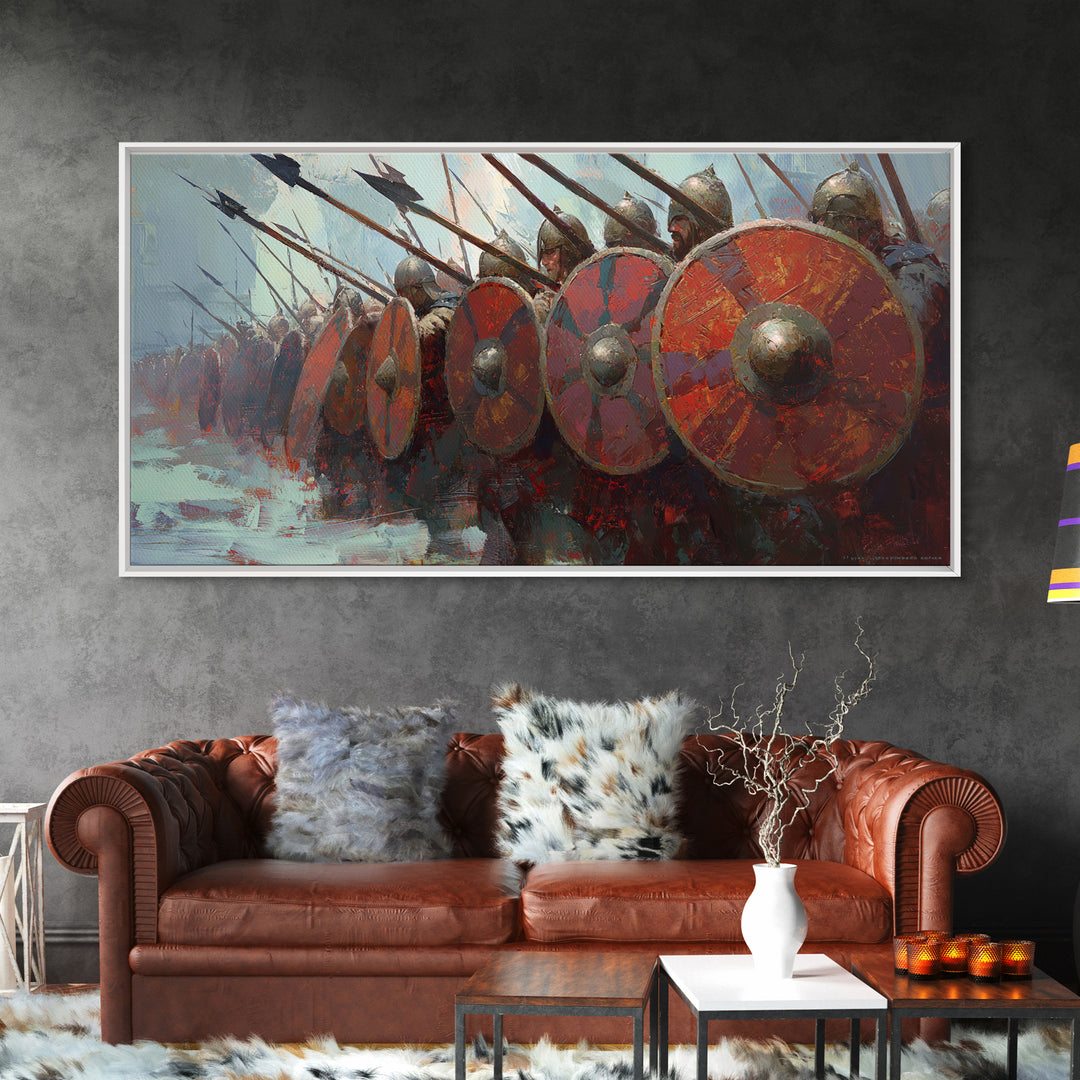 Spartan Phalanx With Red Shields Framed Canvas Print Ancient Warrior Wall Art, Historical Battle Office Decor For Man Cave