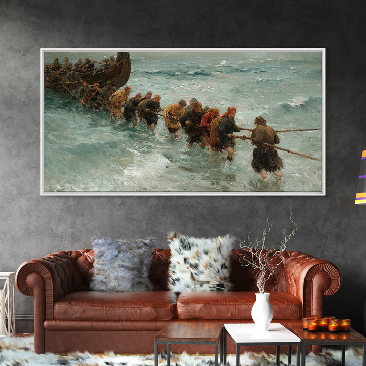 Viking Ship Landing In Icy Surf Framed Canvas Print, Norse Seascape Wall Art, Coastal Adventure Home Decor, Unique Gift For Him
