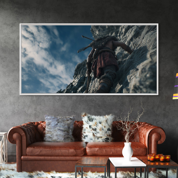Rugged Warrior Climbing Sheer Mountain Cliff Canvas Print, Adventure Decor, Mountain Wall Art, Fantasy Art, Gift For Him