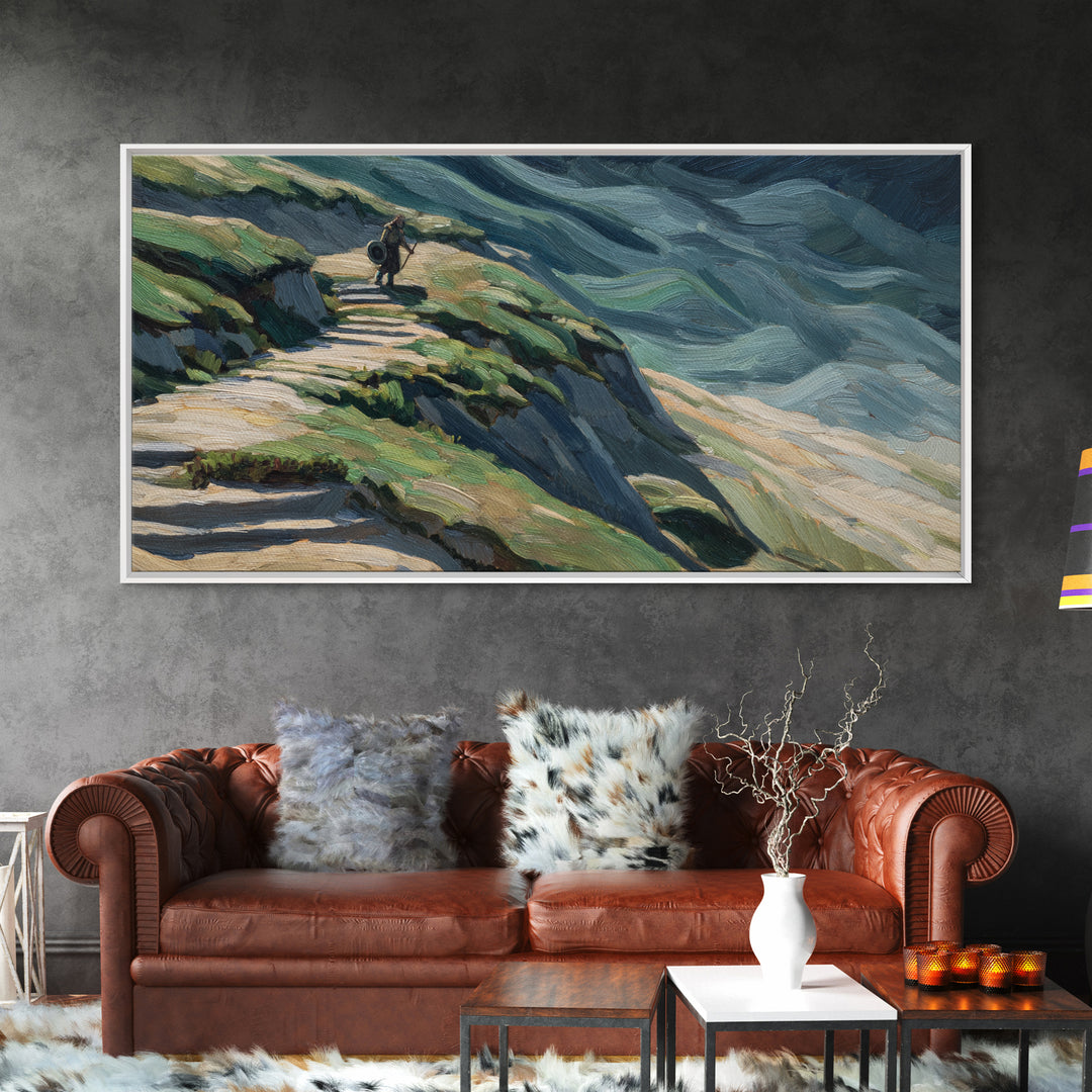 Rider On Mountain Path In Textured Hills Wall Art, Impressionist Landscape Canvas Print, Rustic Nature Decor, Home Decor