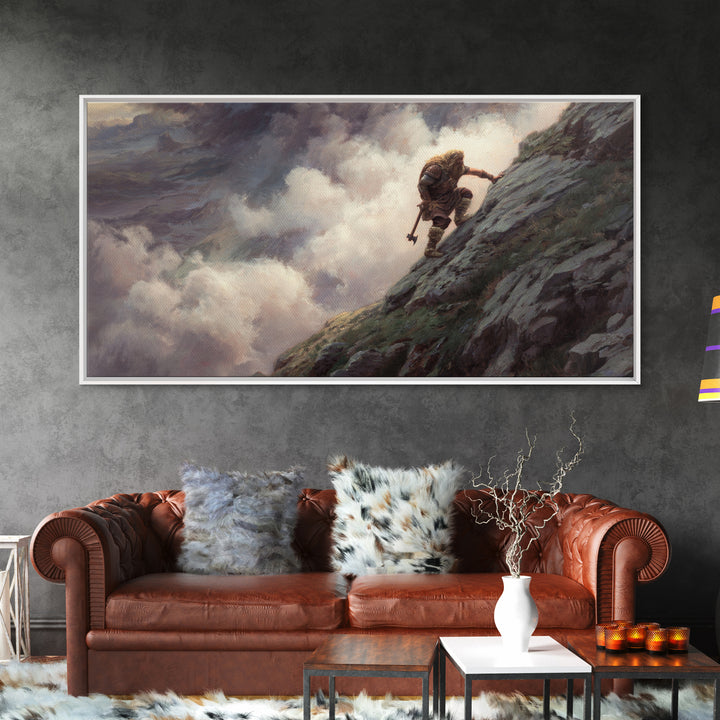 Lone Warrior Climbing Stormy Mountain Framed Canvas Print, Fantasy Adventure Wall Art, Moody Landscape Decor, Gift For Him