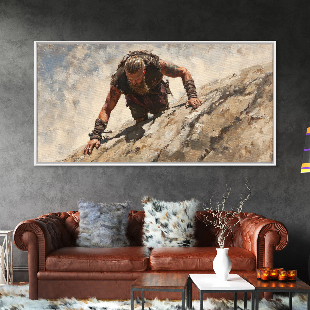 Rugged Viking Climbing Snowy Mountain Cliff Wall Art, Textured Adventure Canvas Print For Masculine Office Decor And Cabin Decor