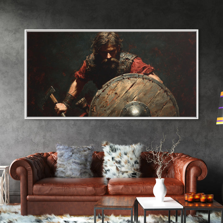 Bearded Viking Warrior With Shield Canvas Print, Norse Battle Artwork, Dark Fantasy Art, Rustic Man Cave Wall Decor, Gift For Him