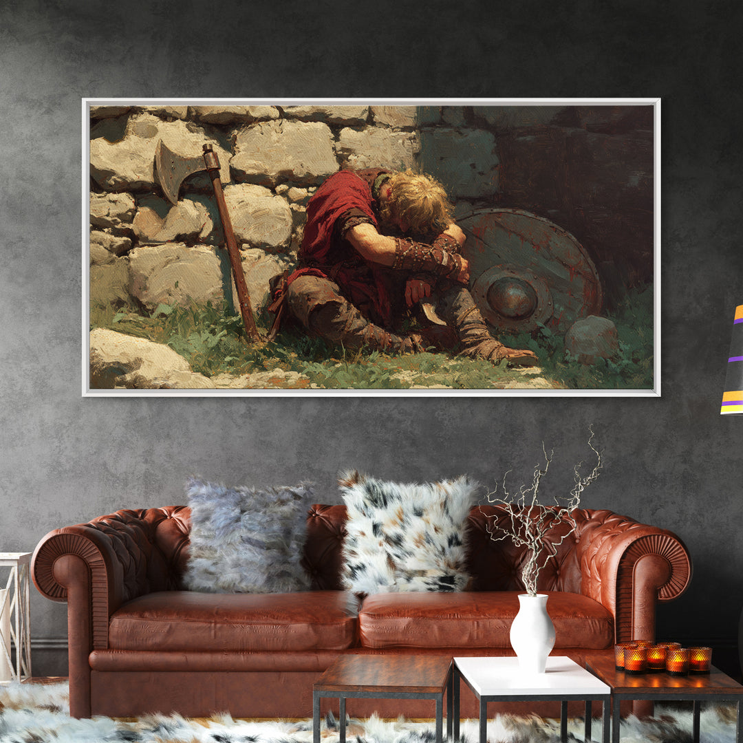 Wounded Viking Resting By Stone Wall Canvas Print, Norse Warrior Artwork, Rustic Historical Decor, Dark Academia Art, Gift For Him