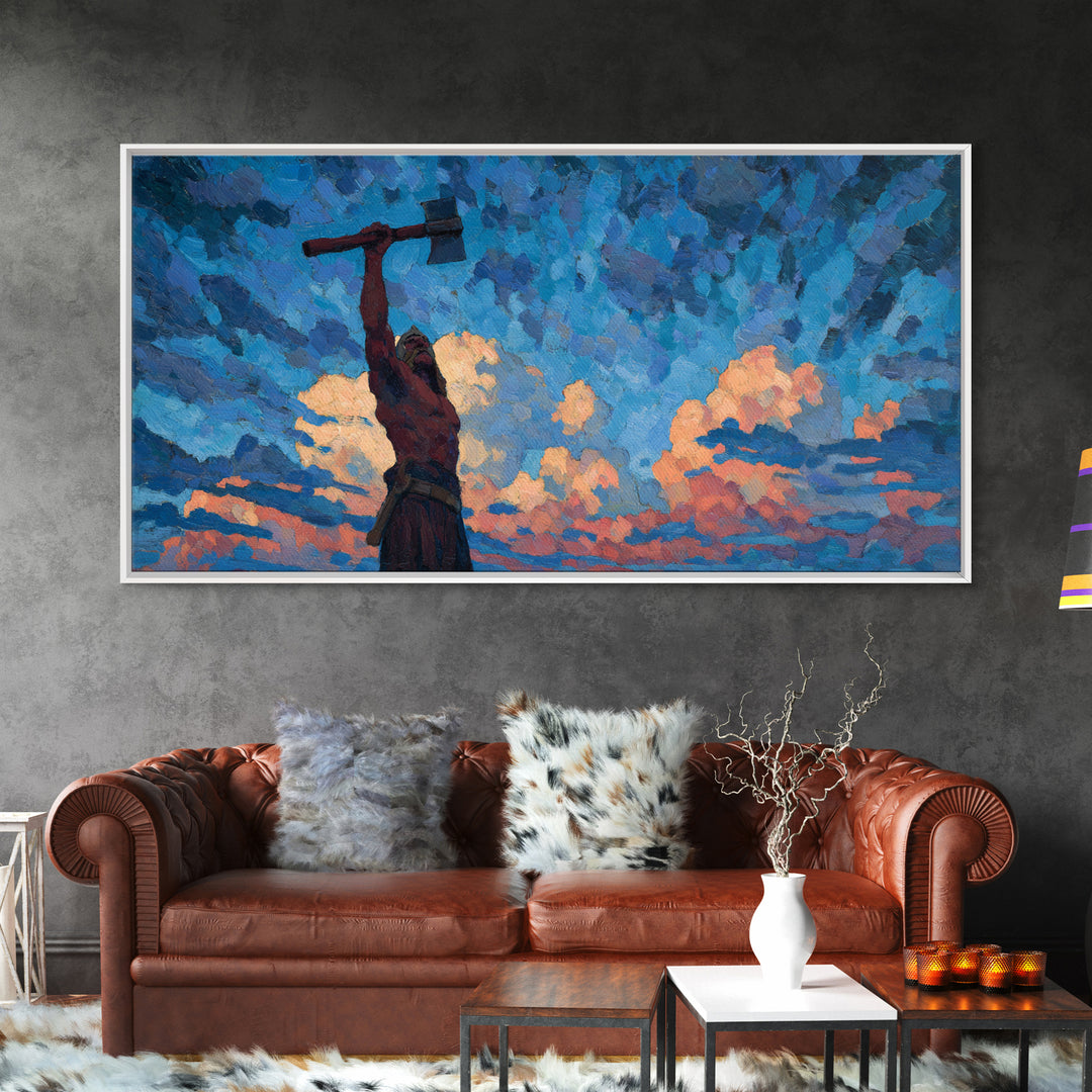 Dynamic Expressionist Oil Painting Of Man With Raised Axe Under Blue Sky Modern Wall Art Canvas Print