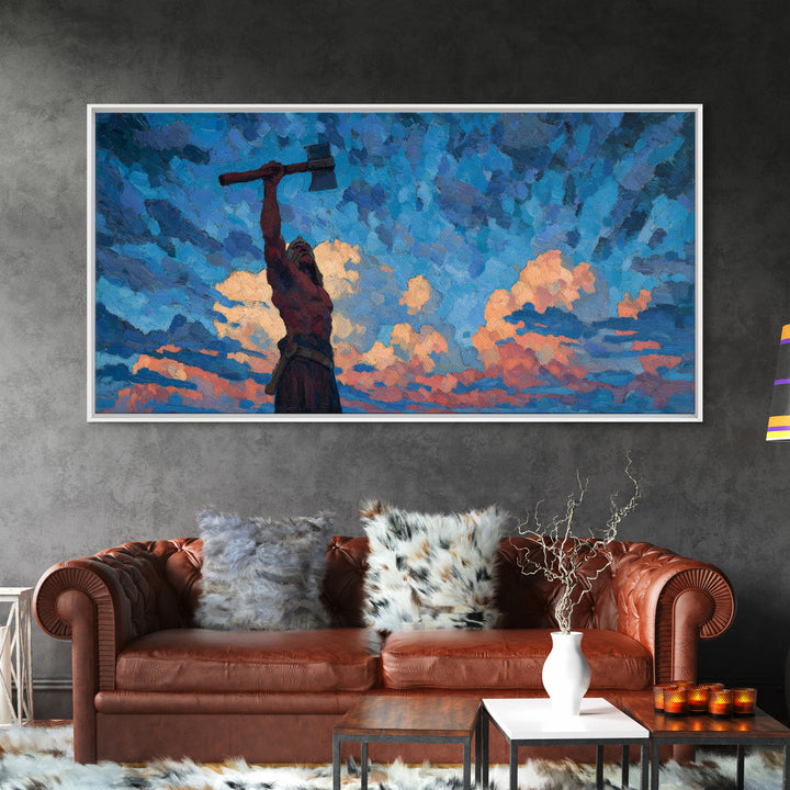 Dynamic Expressionist Oil Painting Of Man With Raised Axe Under Blue Sky Modern Wall Art Canvas Print