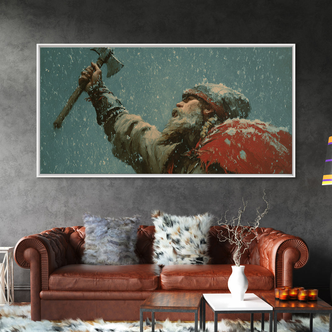 Bearded Viking Raising Axe In Snow Canvas Print, Norse Warrior Wall Art, Winter Fantasy Decor For Man Cave Or Office Gift