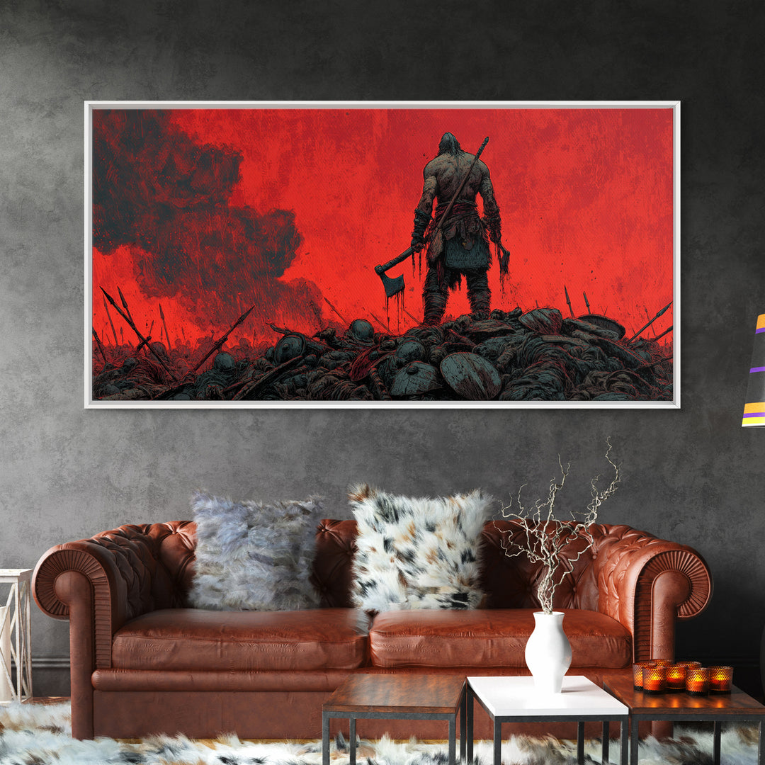 Lone Viking Warrior On Red Battlefield Wall Art, Dark Fantasy Canvas, Nordic War Decor, Masculine Office Art, Gift For Him