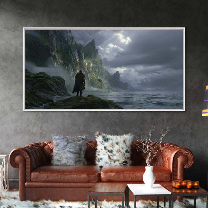 Lonely Wanderer On Stormy Sea Cliffs Canvas Print, Dark Fantasy Landscape Wall Art, Viking Coastal Decor, Moody Seascape