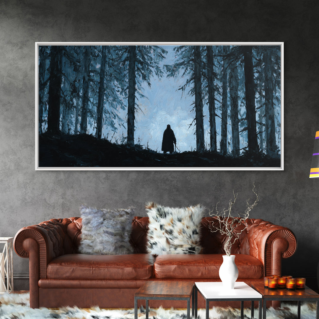 Lone Wanderer In Dark Pine Forest Wall Art, Moody Landscape Print, Gothic Nature Decor, Fantasy Cabin Wall Decor Gift For Him