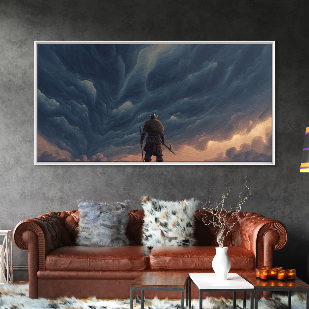 Viking Warrior Beneath Storm Clouds Canvas Print, Nordic Fantasy Wall Art, Moody Landscape Decor, Gift For Him, Living Room Decor