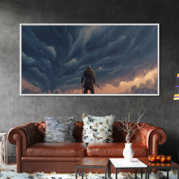 Viking Warrior Beneath Storm Clouds Canvas Print, Nordic Fantasy Wall Art, Moody Landscape Decor, Gift For Him, Living Room Decor