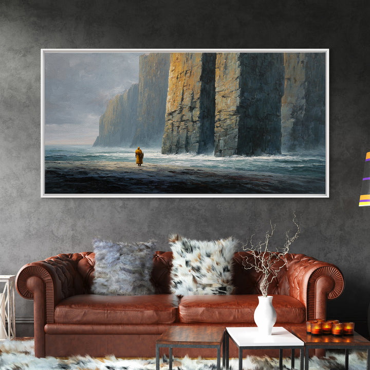 Lone Wanderer By Towering Sea Cliffs Wall Art, Moody Seascape Painting, Coastal Landscape Print, Dramatic Ocean Decor For Living Room