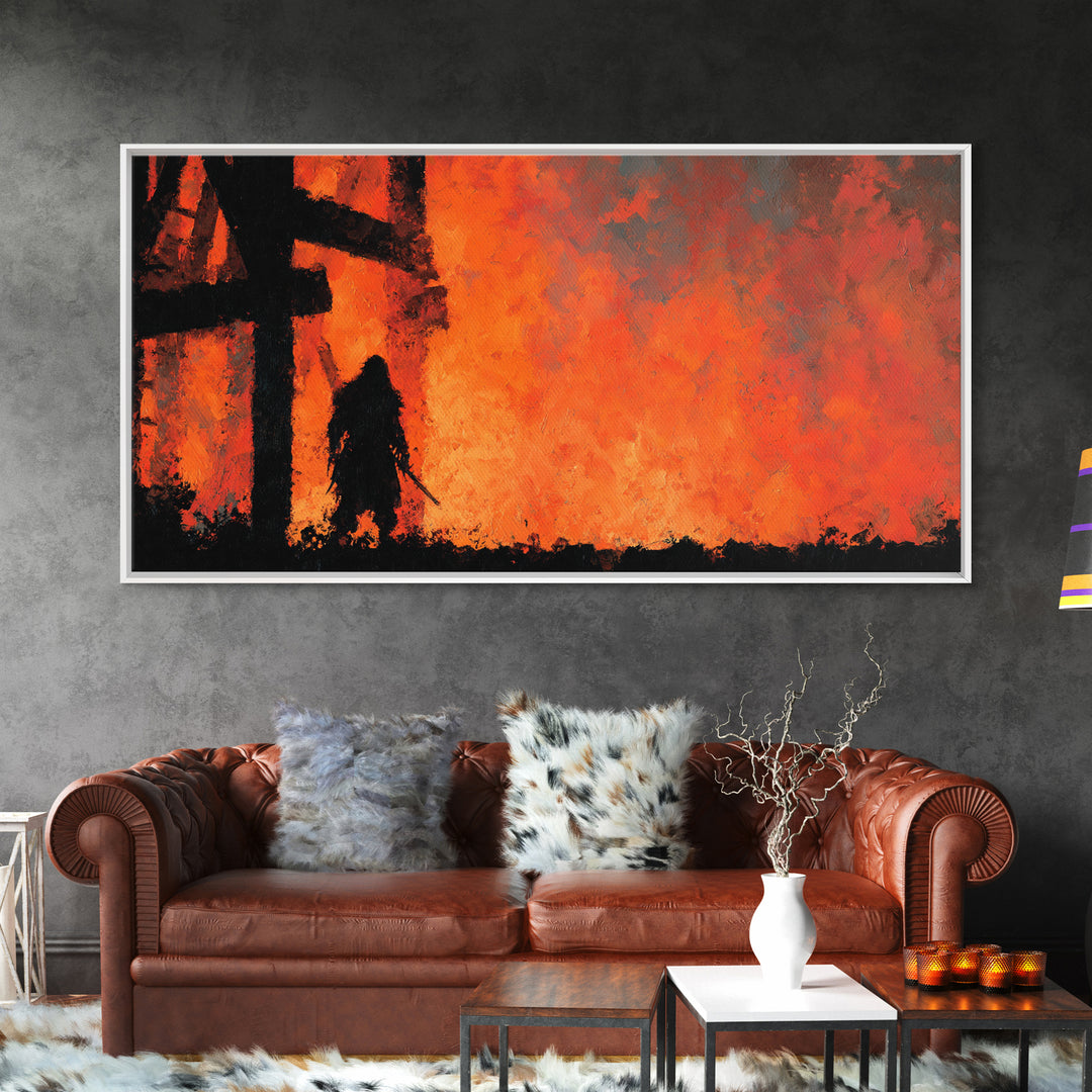 Dark Warrior Before Burning Tower Wall Art, Fiery Fantasy Landscape Print, Red Orange Gothic Decor, Dramatic Wall Decor Gift