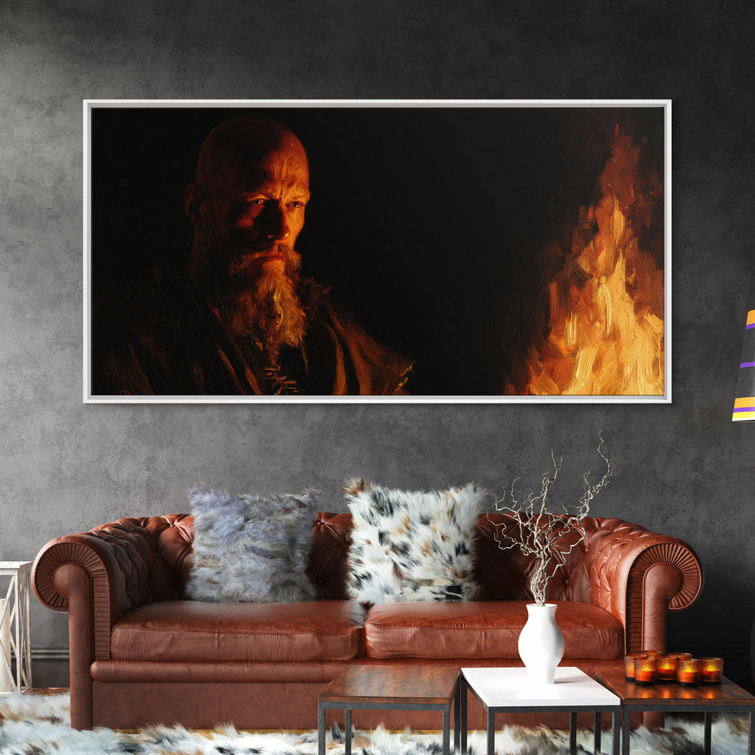 Bearded Man By Fire In Moody Light Canvas Print, Dark Portrait Wall Art, Rustic Viking Decor, Masculine Office Art, Gift For Him
