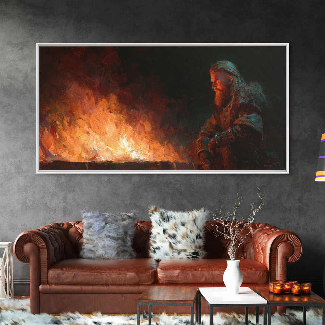 Bearded Viking Beside Blazing Fire Wall Art, Dark Nordic Canvas Print For Rustic Home Decor And Masculine Office Decor Gift