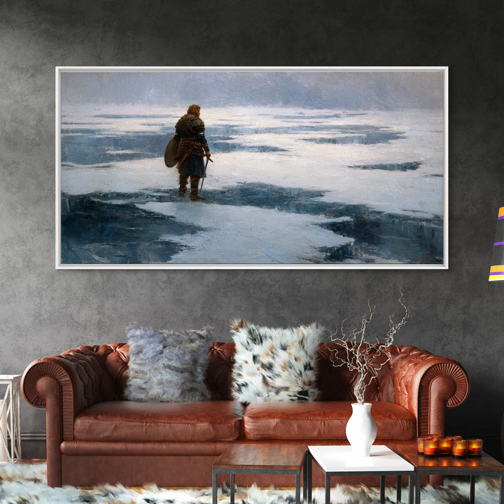 Lone Viking On Frozen Tundra Canvas Print, Nordic Winter Landscape Wall Decor, Medieval Warrior Art For Rustic Home Decor