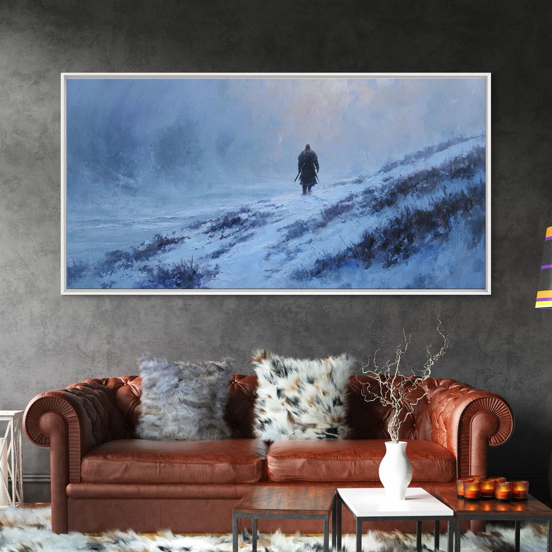 Lone Warrior In Snowy Blue Highlands Wall Art Winter Landscape Canvas, Viking Inspired Decor, Moody Large Print For Living Room Decor