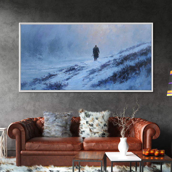 Lone Warrior In Snowy Blue Highlands Wall Art Winter Landscape Canvas, Viking Inspired Decor, Moody Large Print For Living Room Decor