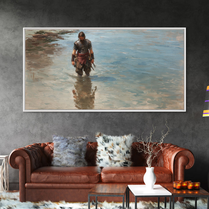 Solitary Warrior Walking Through Blue Water Canvas Print, Coastal Battle Wall Art, Heroic Landscape Decor, Modern Gift For Him