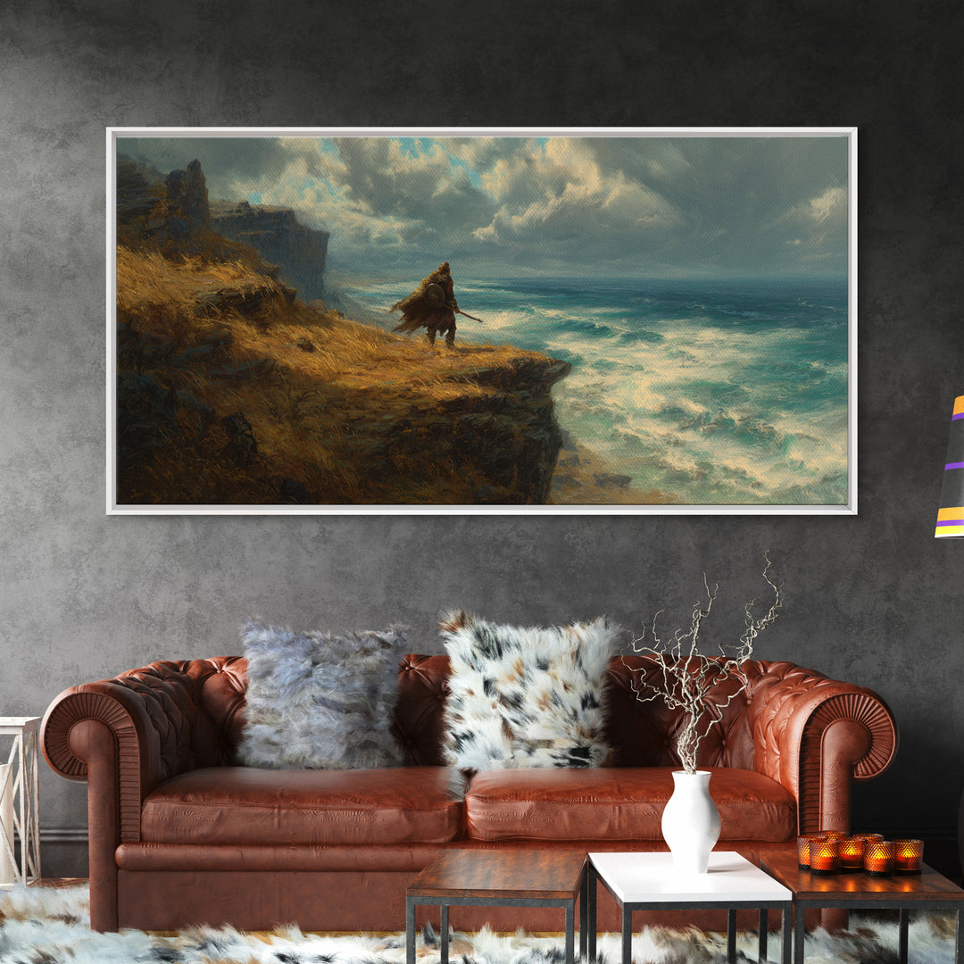 Cloaked Warrior On Ocean Cliff Wall Art, Moody Seascape Canvas Print, Fantasy Coastal Decor For Office Or Living Room Art