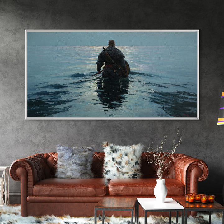 Lone Warrior Wading Into Calm Blue Sea Framed Canvas Print, Nautical Fantasy Wall Art, Moody Coastal Living Room Decor Gift