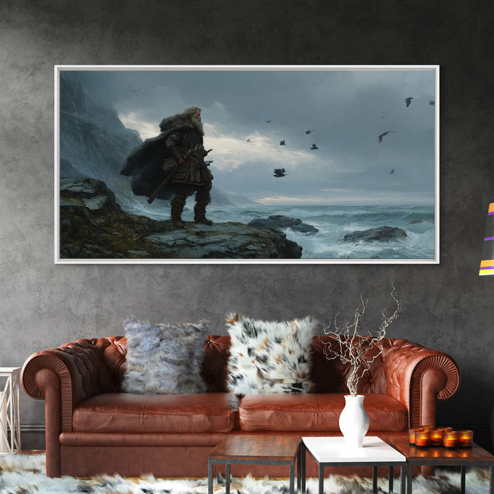 Weathered Viking On Stormy Sea Cliff Wall Art, Nordic Warrior Canvas Print For Masculine Office Decor And Coastal Home Decor