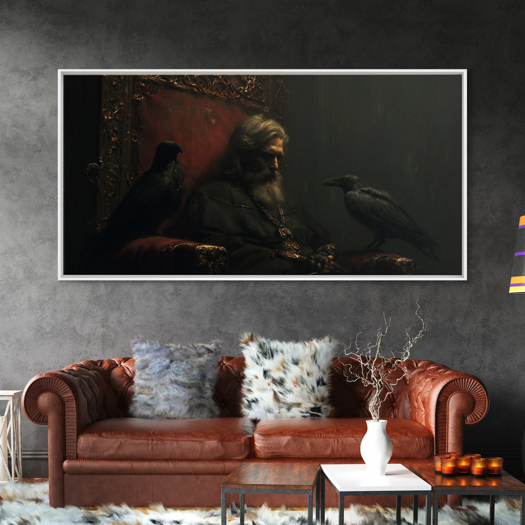 Moody Raven King Throne Portrait Wall Art, Dark Academia Gothic Canvas Decor, Medieval Fantasy Painting For Living Room Decor