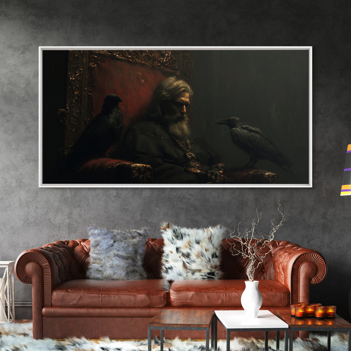 Moody Raven King Throne Portrait Wall Art, Dark Academia Gothic Canvas Decor, Medieval Fantasy Painting For Living Room Decor