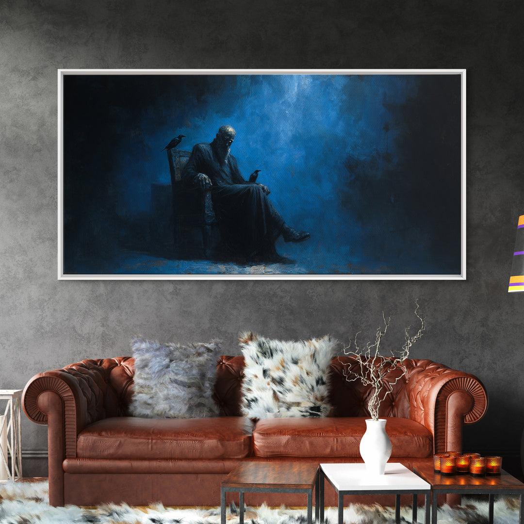 Dark Seated Figure With Raven Canvas Print Blue Gothic Portrait, Moody Wall Decor, Dark Academia Art For Living Room And Office Decor