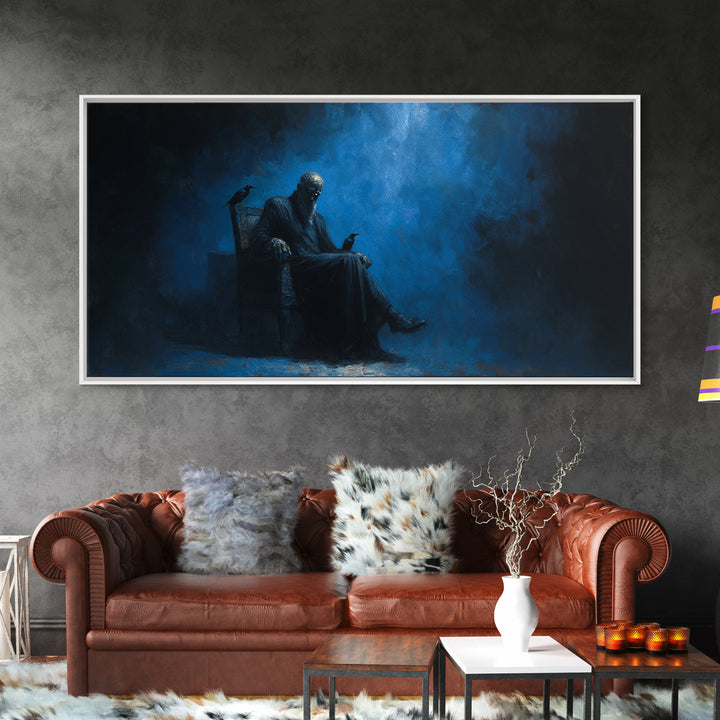 Dark Seated Figure With Raven Canvas Print Blue Gothic Portrait, Moody Wall Decor, Dark Academia Art For Living Room And Office Decor