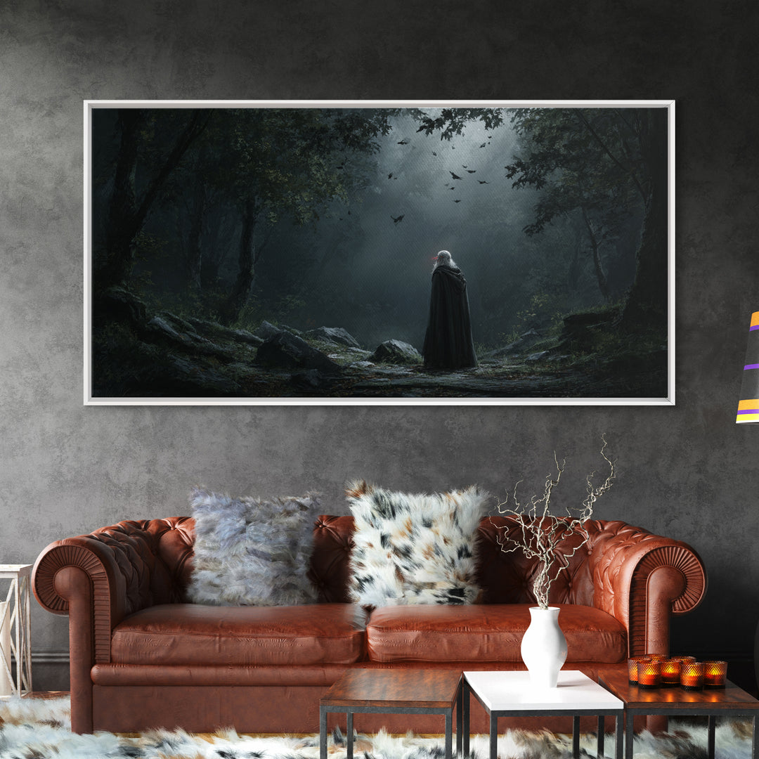 Cloaked Wanderer In Moonlit Gothic Forest Wall Art, Dark Fantasy Canvas Painting, Moody Woodland Decor Gift For Her And Witchy Home Decor