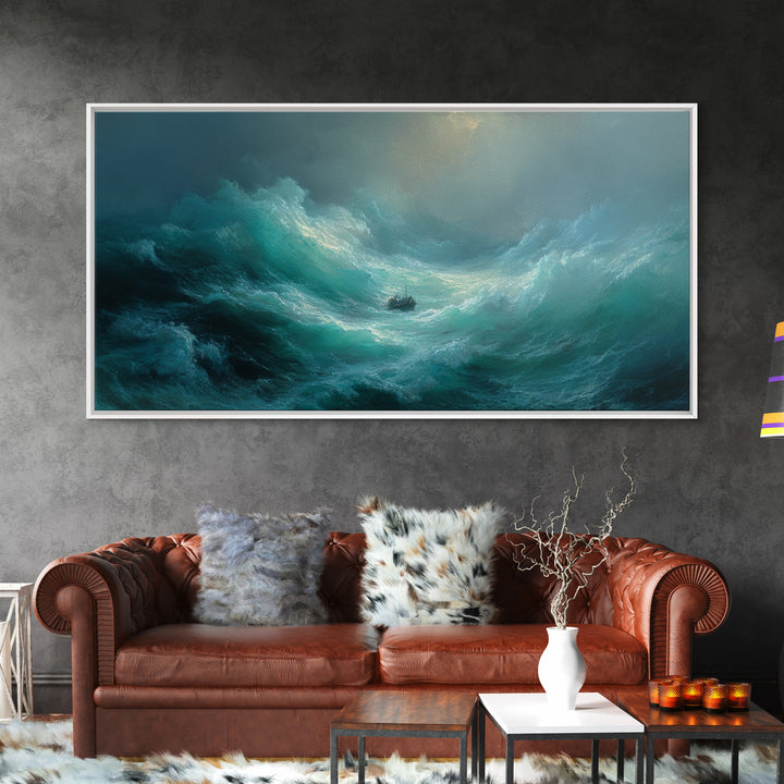 Stormy Ocean With Tiny Boat Canvas Print, Dramatic Seascape Wall Art, Moody Coastal Decor, Nautical Gift For Him, Ocean Art Print