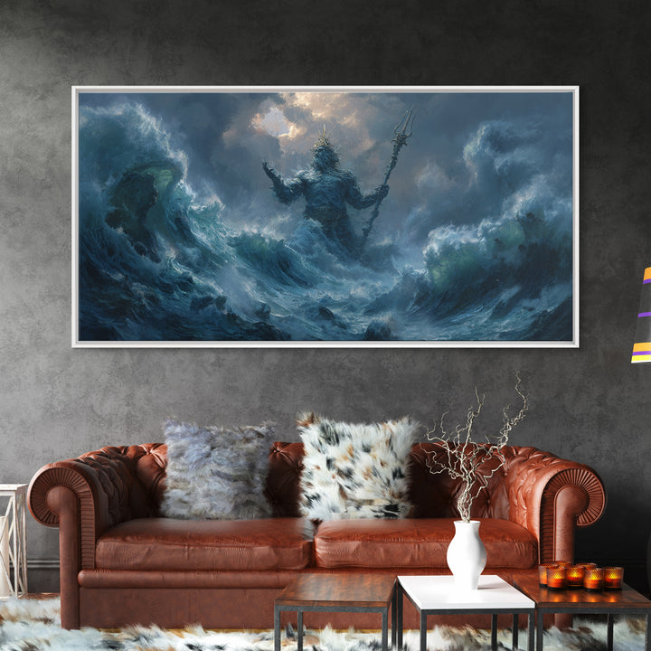 Majestic Mythical Ocean God Painting Wall Art Canvas Print For Coastal Rustic Home Decor And Living Room