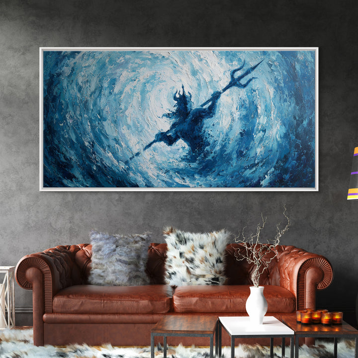 Poseidon Trident In Swirling Ocean Canvas Print Mythological Large Blue Wall Art, Fantasy Seascape For Coastal Home Decor